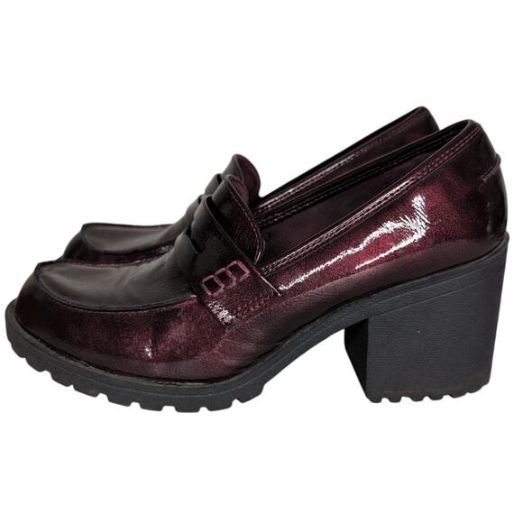 Y2K Chunky Y2K Platform Loafer Women 8.5 Burgundy Patent Heeled Grunge Goth Prep - Picture 2 of 8